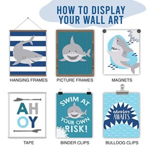 6 Reversible 8x10 Shark Wall Art Prints, Shark Decor For Boys Room, Shark Party Decorations For Wall Art Prints, Shark Bathroom Decor, Ocean Wall Decor For Room Decor For Boys, Under The Sea Decor