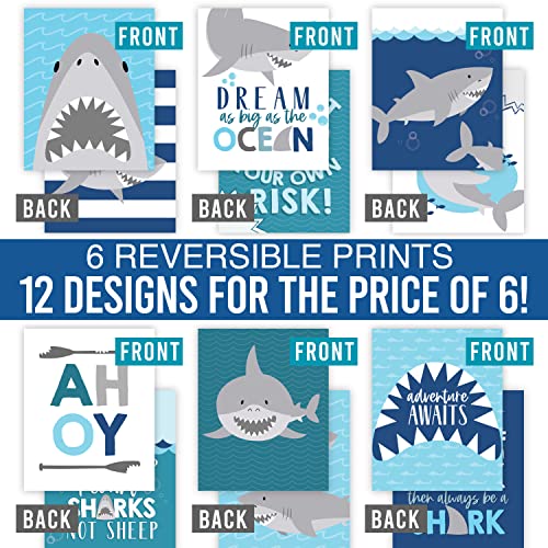 6 Reversible 8x10 Shark Wall Art Prints, Shark Decor For Boys Room, Shark Party Decorations For Wall Art Prints, Shark Bathroom Decor, Ocean Wall Decor For Room Decor For Boys, Under The Sea Decor