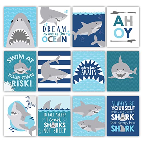 6 Reversible 8x10 Shark Wall Art Prints, Shark Decor For Boys Room, Shark Party Decorations For Wall Art Prints, Shark Bathroom Decor, Ocean Wall Decor For Room Decor For Boys, Under The Sea Decor