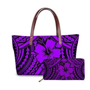 giftpuzz polynesian women handbags and purses ladies shoulder bag large for outdoor party satchel tote with long wallet pu leather zip pocket cards slots spear heads design tribal hibiscus purple