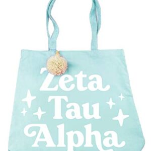 Sorority Shop ZTA Tote Bag - Zeta Tau Alpha Teal and White Retro Pom Pom Canvas Tote Bag – Sorority Retro Tote– Sorority Gift