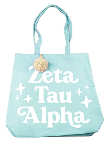 Sorority Shop ZTA Tote Bag - Zeta Tau Alpha Teal and White Retro Pom Pom Canvas Tote Bag – Sorority Retro Tote– Sorority Gift