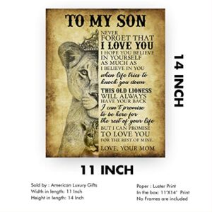 "To My Son-Never Forget That I Love You" Motivational Family Wall Art -11 x 14" Typographic Wall Decor w/Lioness & Cub Image-Ready to Frame. Inspirational Keepsake for Any Son. Great Graduation Gift!