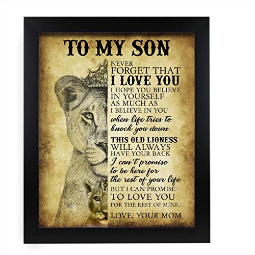 "To My Son-Never Forget That I Love You" Motivational Family Wall Art -11 x 14" Typographic Wall Decor w/Lioness & Cub Image-Ready to Frame. Inspirational Keepsake for Any Son. Great Graduation Gift!