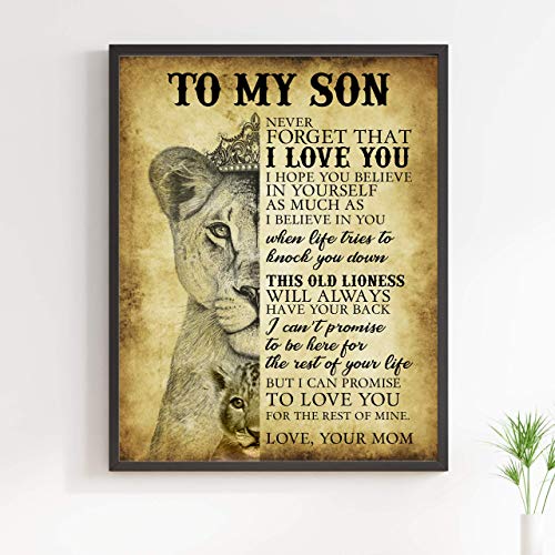 "To My Son-Never Forget That I Love You" Motivational Family Wall Art -11 x 14" Typographic Wall Decor w/Lioness & Cub Image-Ready to Frame. Inspirational Keepsake for Any Son. Great Graduation Gift!