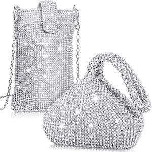 weewooday clutch purses for women wedding 2 pieces rhinestone evening triangle bling handbag cell phone crossbody bag (silver)