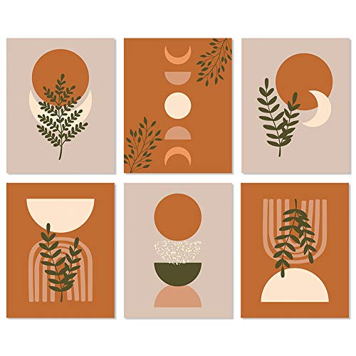 HLNIUC Warm Colors Boho Art Prints, Mid Century Modern Canvas Poster Set Of 6(8”X10”, Unframed), Minimalist Abstract Geometric Sun Wall Art Canvas Poster For Living Room Bathroom Decor