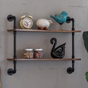 MOCOME 27.5" Industrial Pipe Shelving,Iron Pipe Shelf with Wood for Kitchen,Wall Mounted Shelf Rustic Black Pipe Floating Shelves for Bathroom 2 Tier,Brown