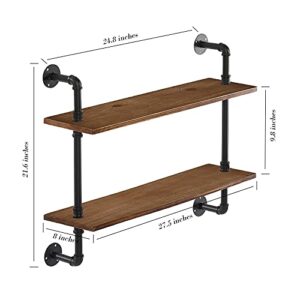 MOCOME 27.5" Industrial Pipe Shelving,Iron Pipe Shelf with Wood for Kitchen,Wall Mounted Shelf Rustic Black Pipe Floating Shelves for Bathroom 2 Tier,Brown