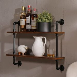 MOCOME 27.5" Industrial Pipe Shelving,Iron Pipe Shelf with Wood for Kitchen,Wall Mounted Shelf Rustic Black Pipe Floating Shelves for Bathroom 2 Tier,Brown