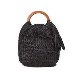 qtkj hand-woven large straw tote bag with black leather tassels boho brown wooden round handle tote retro summer beach bag rattan handbag (black)