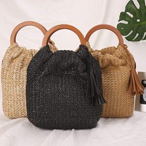 QTKJ Hand-woven Large Straw Tote Bag with Black Leather Tassels Boho Brown Wooden Round Handle Tote Retro Summer Beach Bag Rattan Handbag (Black)