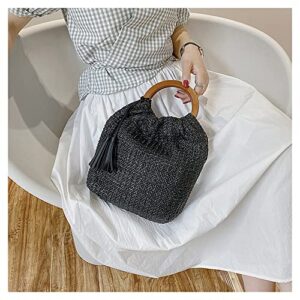 QTKJ Hand-woven Large Straw Tote Bag with Black Leather Tassels Boho Brown Wooden Round Handle Tote Retro Summer Beach Bag Rattan Handbag (Black)