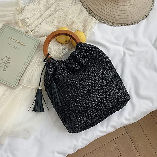 QTKJ Hand-woven Large Straw Tote Bag with Black Leather Tassels Boho Brown Wooden Round Handle Tote Retro Summer Beach Bag Rattan Handbag (Black)