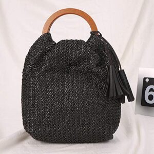 QTKJ Hand-woven Large Straw Tote Bag with Black Leather Tassels Boho Brown Wooden Round Handle Tote Retro Summer Beach Bag Rattan Handbag (Black)