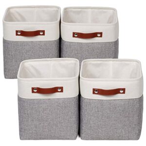 univivi 10.5 inch fabric storage cube bins with hard bottom, 4 pack storage baskets with pu handles for shelves closet nursery foldable storage bins for organizing (gray,10.5″ x 10.5″ x 11″)
