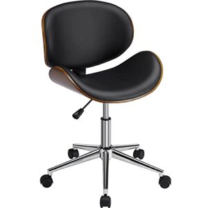 yaheetech ergonomic home office desk chair modern mid-century bentwood/curved seat computer chair walnut wood chrome finish stool with 360° swivel wheels faux leather seat height adjustable, black