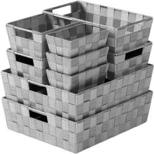 woven storage baskets for organizing – set of 9 fabric empty organizer bins with handles – great bin for organization, linen closet shelves & bathroom basket. empty baskets for gifts – (dark grey)