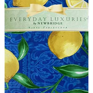 Newbridge Provence Blue and Yellow Lemon Print Vinyl Flannel Backed Tablecloth, French Provencal Lemon Damask Design Waterproof Patio, Kitchen Tablecloth, 52 Inch x 70 Inch Oblong/Rectangle