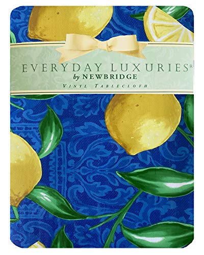 Newbridge Provence Blue and Yellow Lemon Print Vinyl Flannel Backed Tablecloth, French Provencal Lemon Damask Design Waterproof Patio, Kitchen Tablecloth, 52 Inch x 70 Inch Oblong/Rectangle