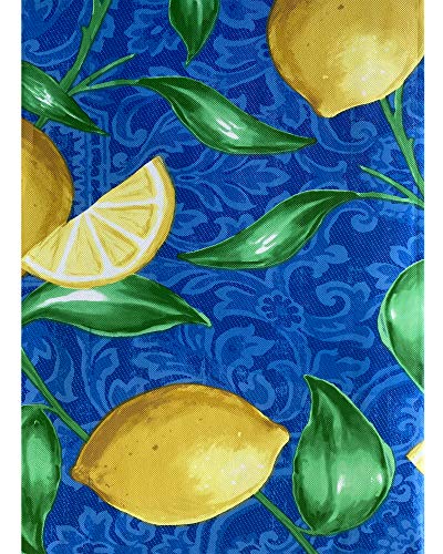 Newbridge Provence Blue and Yellow Lemon Print Vinyl Flannel Backed Tablecloth, French Provencal Lemon Damask Design Waterproof Patio, Kitchen Tablecloth, 52 Inch x 70 Inch Oblong/Rectangle