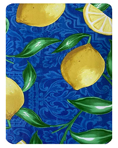 Newbridge Provence Blue and Yellow Lemon Print Vinyl Flannel Backed Tablecloth, French Provencal Lemon Damask Design Waterproof Patio, Kitchen Tablecloth, 52 Inch x 70 Inch Oblong/Rectangle