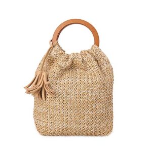 qtkj hand-woven large straw tote bag with beige leather tassels boho brown wooden round handle tote retro summer beach bag rattan handbag (beige)