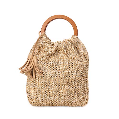 QTKJ Hand-woven Large Straw Tote Bag with Beige Leather Tassels Boho Brown Wooden Round Handle Tote Retro Summer Beach Bag Rattan Handbag (Beige)