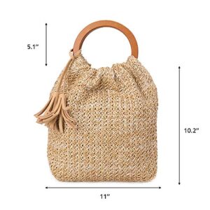 QTKJ Hand-woven Large Straw Tote Bag with Beige Leather Tassels Boho Brown Wooden Round Handle Tote Retro Summer Beach Bag Rattan Handbag (Beige)