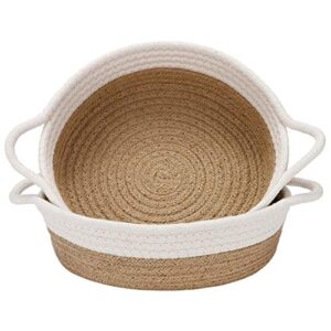 sea team 2-pack cotton rope baskets, 10 x 3 inches small woven storage basket, fabric tray, bowl, round open dish for fruits, jewelry, keys, sewing kits (flaxen & white)