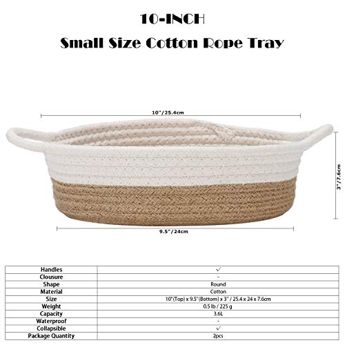 Sea Team 2-Pack Cotton Rope Baskets, 10 x 3 Inches Small Woven Storage Basket, Fabric Tray, Bowl, Round Open Dish for Fruits, Jewelry, Keys, Sewing Kits (Flaxen & White)