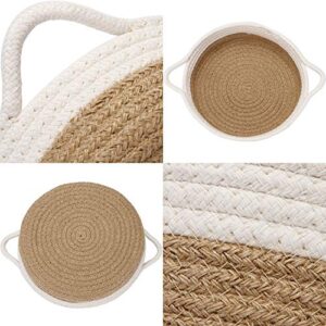 Sea Team 2-Pack Cotton Rope Baskets, 10 x 3 Inches Small Woven Storage Basket, Fabric Tray, Bowl, Round Open Dish for Fruits, Jewelry, Keys, Sewing Kits (Flaxen & White)