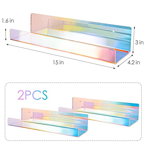 NiHome 2PCS Iridescent Wall Mounted Clear Acrylic Floating Shelves, Attom Tech 15" Thick Invisible Wall Ledge Bookshelf Kids Book Display Shelves for Home, Office, School, Business