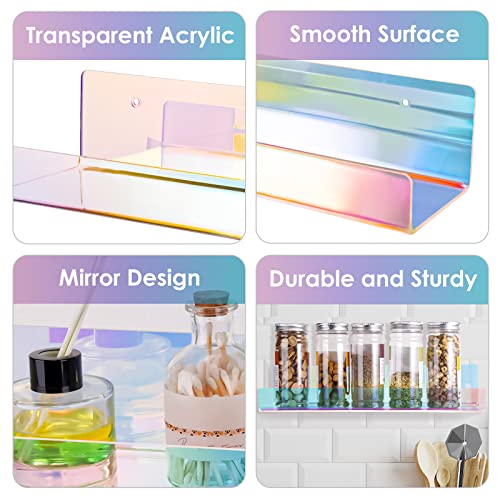 NiHome 2PCS Iridescent Wall Mounted Clear Acrylic Floating Shelves, Attom Tech 15" Thick Invisible Wall Ledge Bookshelf Kids Book Display Shelves for Home, Office, School, Business