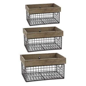 dii farmhouse wood rimmed wire storage basket set, silver, assorted