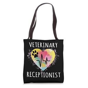 veterinary receptionist paw print heartbeat heart watercolor tote bag