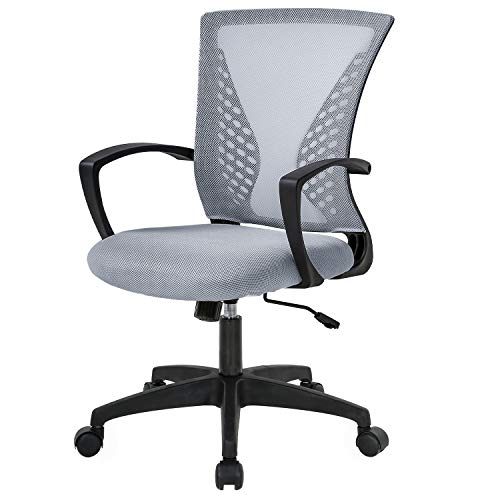 Home Office Chair Mid Back PC Swivel Lumbar Support Adjustable Desk Task Computer Ergonomic Comfortable Mesh Chair with Armrest (Grey)