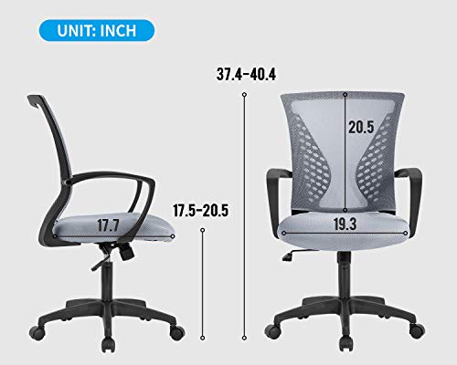 Home Office Chair Mid Back PC Swivel Lumbar Support Adjustable Desk Task Computer Ergonomic Comfortable Mesh Chair with Armrest (Grey)