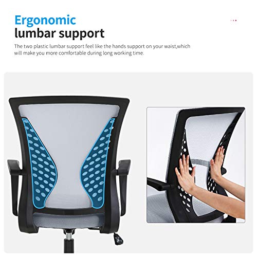 Home Office Chair Mid Back PC Swivel Lumbar Support Adjustable Desk Task Computer Ergonomic Comfortable Mesh Chair with Armrest (Grey)