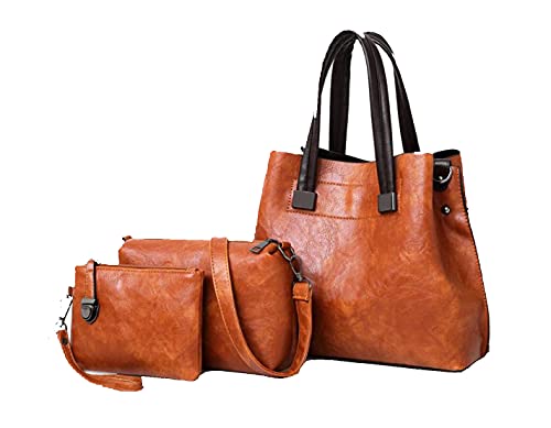 GJGJTER Synthetic PU Leather Tote for Women Simple One-shoulder Portable Messenger Crossbody Hobo Bags 3-piece Set-Brown