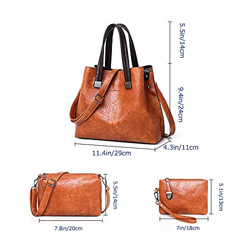 GJGJTER Synthetic PU Leather Tote for Women Simple One-shoulder Portable Messenger Crossbody Hobo Bags 3-piece Set-Brown