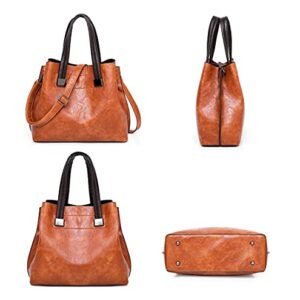 GJGJTER Synthetic PU Leather Tote for Women Simple One-shoulder Portable Messenger Crossbody Hobo Bags 3-piece Set-Brown