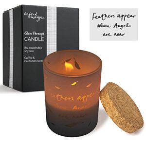 sorry for your loss gifts sympathy candle – “feathers appear when angels are near” memorial candles for deceased – loss of loved one message glows through from inside holder. remembrance, 8oz
