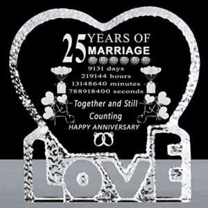25 years 25th wedding anniversary gifts for her,laser crystal heart marriage keepsake decoration for couples friends parents him husband wife