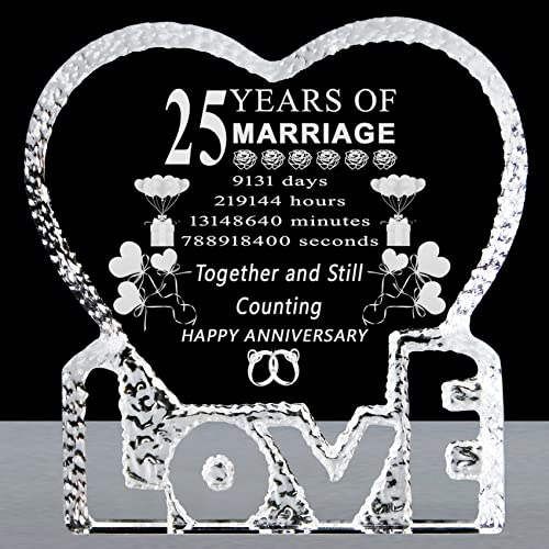 25 Years 25th Wedding Anniversary Gifts for Her,Laser Crystal Heart Marriage Keepsake Decoration for Couples Friends Parents Him Husband Wife