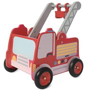 red fire truck wooden baby push walker – 2-in-1 toddler push & pull toys learning walker stroller walker with wheels for baby girls boys 1-3 years old