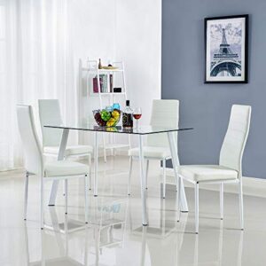 bonnlo 5 pieces dining table set,modern white dining room table set for 4,small kitchen table and chairs set for 4,glass dinner table set with pu leather metal frame chairs,clear&white