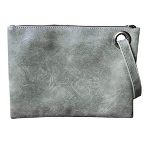 tomsi women leather clutch wrist wallet, zipper handbag large capacity long purse with strap (gray)