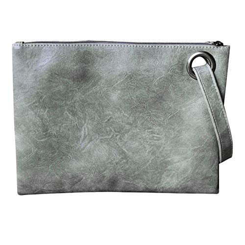 Tomsi Women Leather Clutch Wrist Wallet, Zipper Handbag Large Capacity Long Purse with Strap (gray)