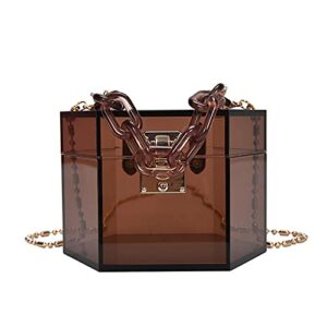 acrylic chain transparent box jelly bag hexagon clear pvc handbag mini evening crossbody bag (brown)